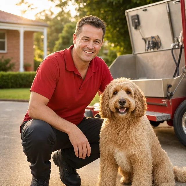 Adam Williams, the local Aussie Pooch Mobile groomer, with a golden cavoodle beside his warm-water hydrobath trailer in a Deception Bay driveway at golden hour