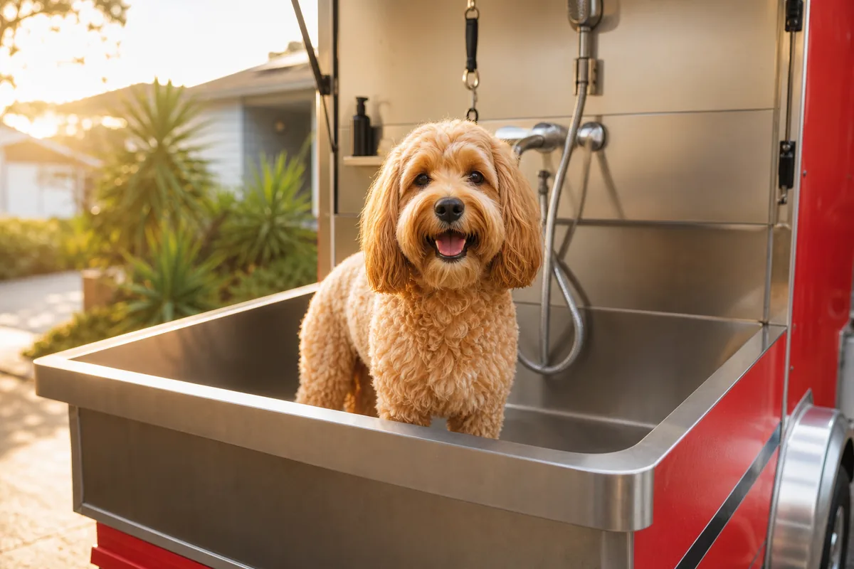 The same cavoodle clean, dry and fluffy after Adam's warm-water hydrobath