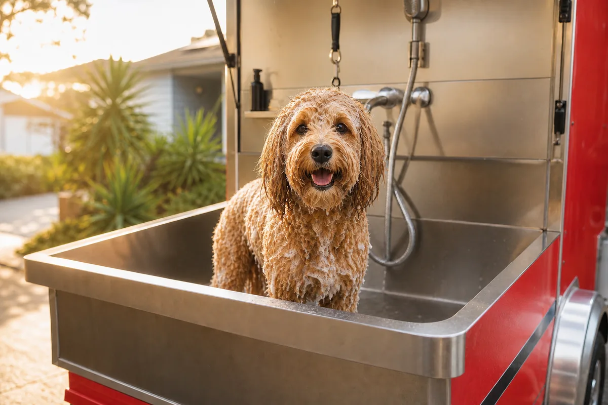The same cavoodle mid-wash, soaking wet in the warm hydrobath